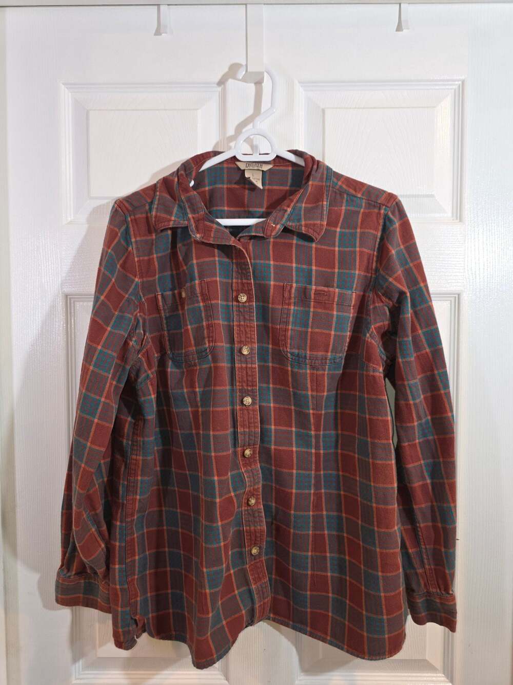 Duluth Trading Co Untucked Flannel , Brown/Turquoise Plaid, Size L
